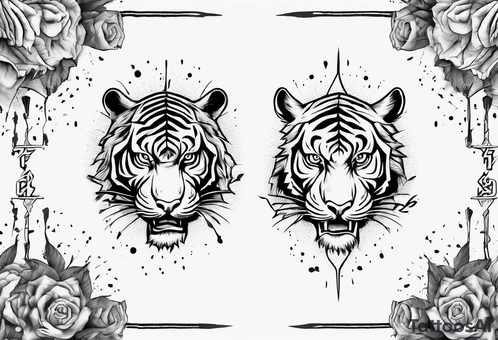 Ancient tiger with lightning and a sun for a forearm sleeve. With patterns surrounding it tattoo idea Ancient tiger with lightning and a sun for a forearm sleeve. With patterns surrounding it tattoo idea