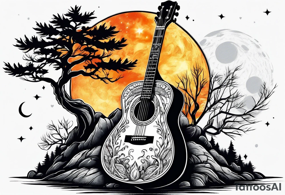 Guitar design moon tree campfire tattoo idea