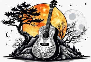 Guitar design moon tree campfire tattoo idea