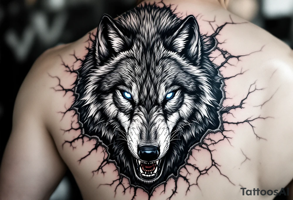 A fierce wolf emerging from a cracked surface, its fur detailed in black and silver, with glowing ice-blue eyes. tattoo idea