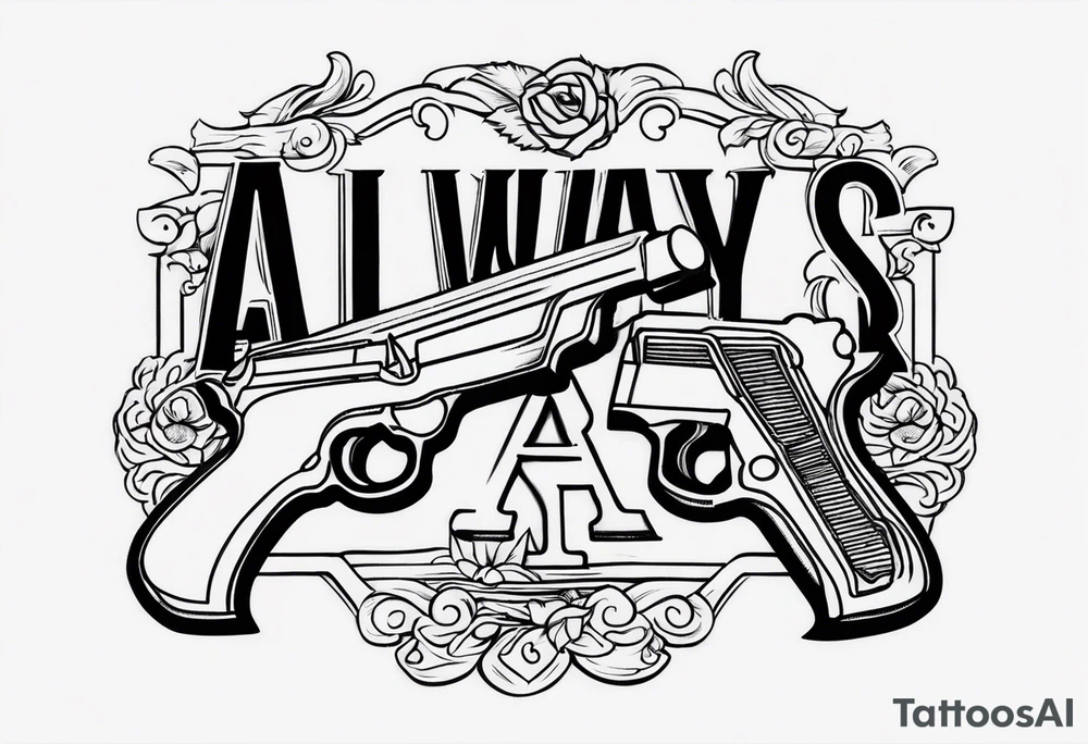 The letters AR with a pistol on each side and the word always on the top and ready on the bottom tattoo idea