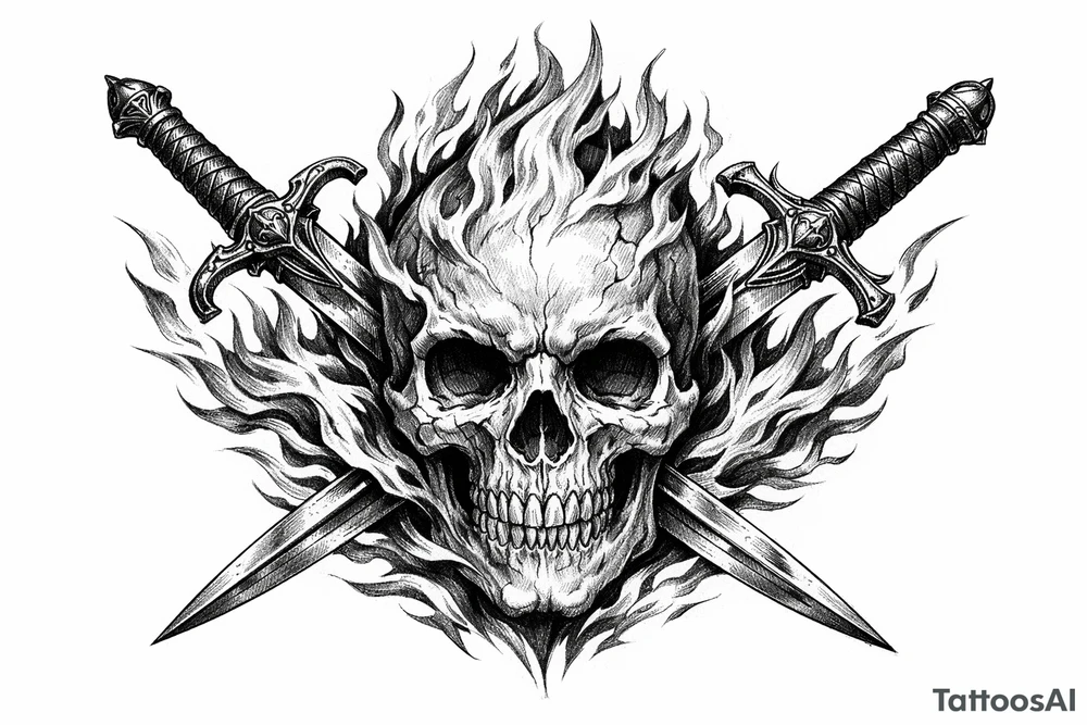 A skull engulfed in stylized, vibrant flames, crossed by two ornate swords. tattoo idea
