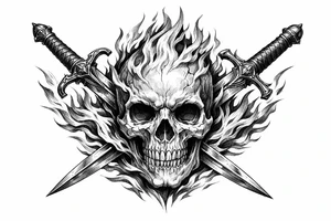 A skull engulfed in stylized, vibrant flames, crossed by two ornate swords. tattoo idea