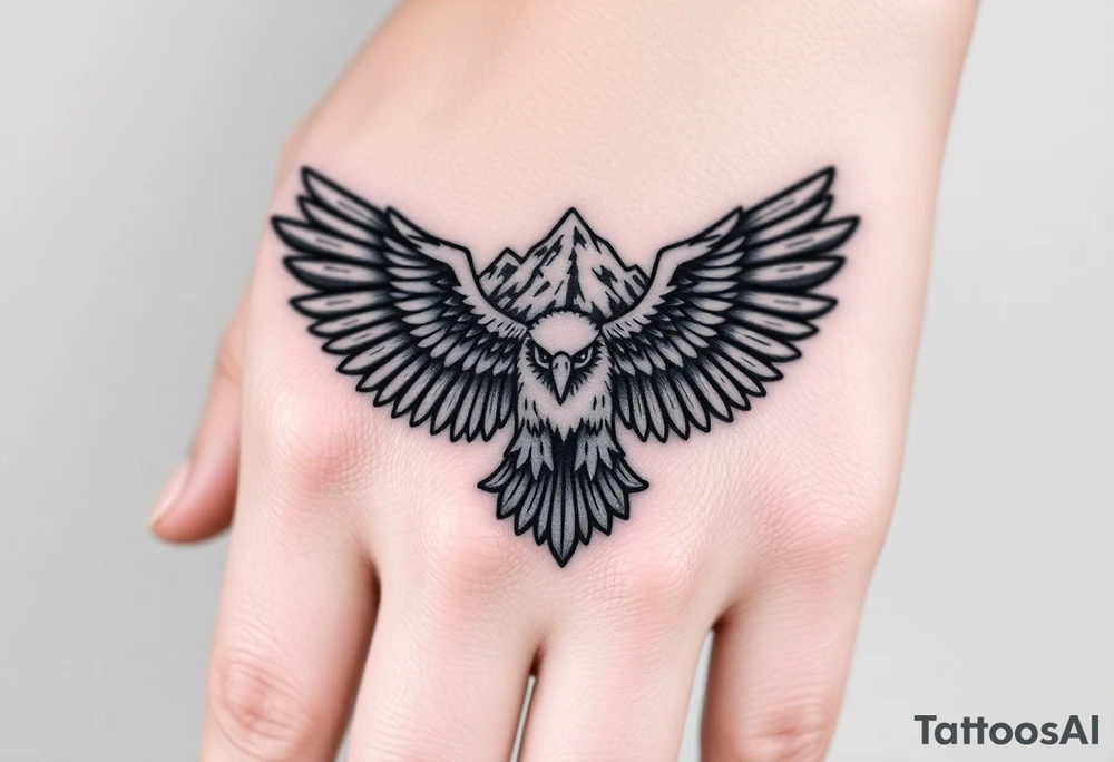 majestic eagle spreading wings against mountain peaks tattoo idea