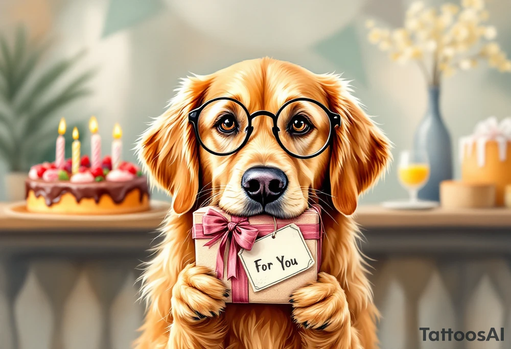 Picture a playful golden retriever wearing cute round reading glasses, holding a neatly wrapped gift box in its mouth. A small tag on the box says “For You.” Behind the dog is a festive table with a birthday cake, candles, and party decorations. The retriever looks clever and kind, like a well-mannered guest at a cozy celebration. A cheerful message floats above:
“Wishing you joy, health, and puppy kisses on your 80th birthday – from the whole Albi team!”
The illustration has a light-hearted, cartoon-like charm, making it perfect for bringing smiles and laughter. tattoo idea