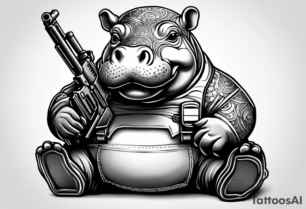 Baby hippo wearing overalls and holding a gun tattoo idea