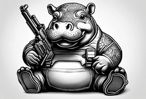 Baby hippo wearing overalls and holding a gun tattoo idea