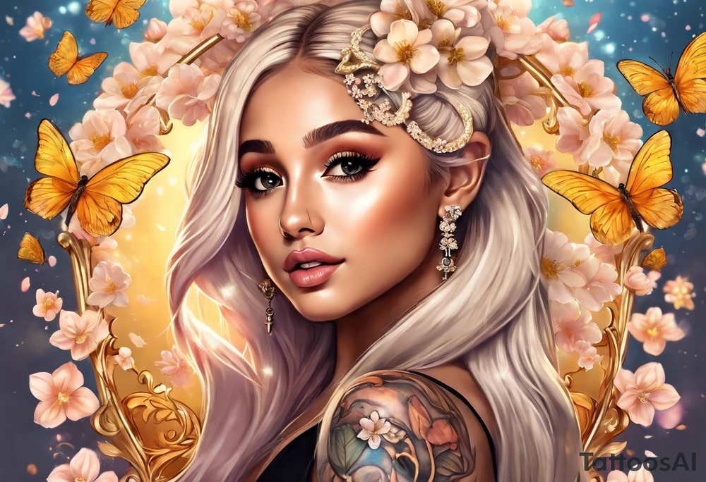 Ariana Grande with blonde hair surrounded in a golden aura with white butterflies and cherry blossoms holding a key that unlocks a heart tattoo idea