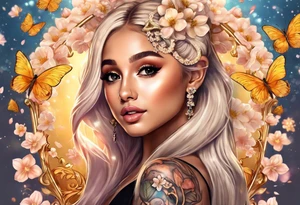 Ariana Grande with blonde hair surrounded in a golden aura with white butterflies and cherry blossoms holding a key that unlocks a heart tattoo idea