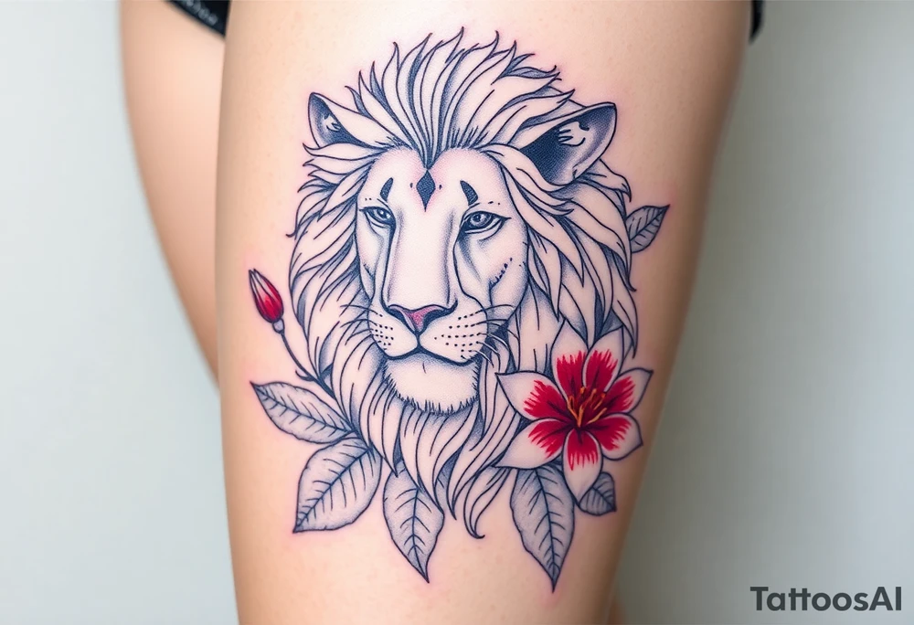 Lion with larkspur and water lilies tattoo idea