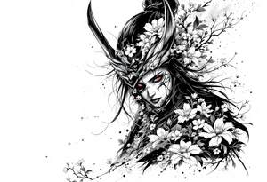 Woman samurai with red eyes holding an half and broken kitsune mask , holding 
two katana and Sakura flowers ornement
Tatoo is for upper arm tattoo idea