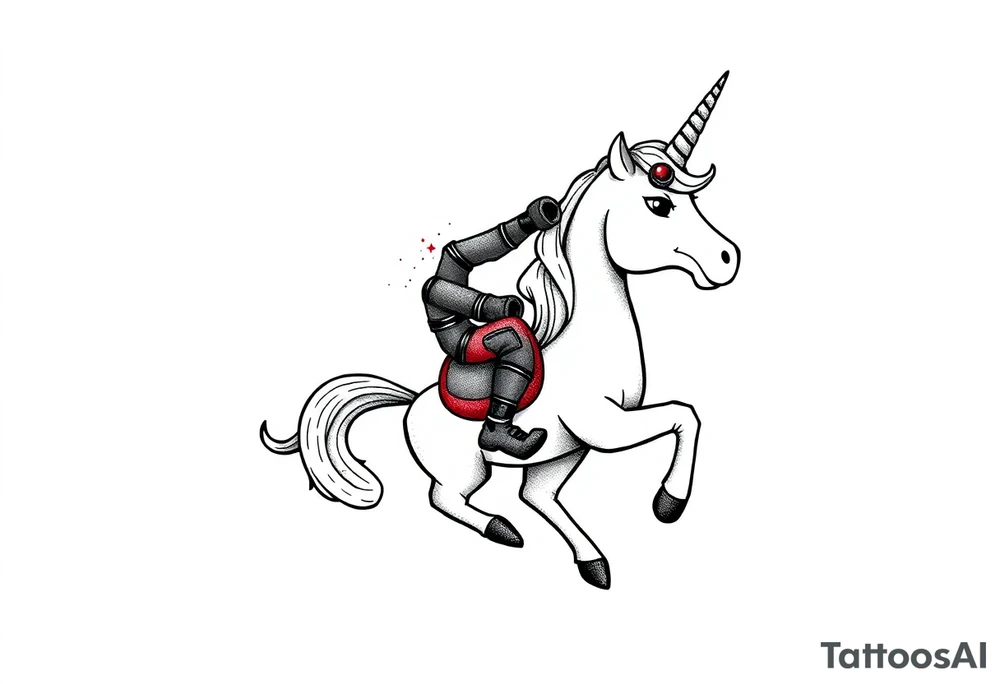 Silly glittery Deadpool riding unicorn  middle finger tattoo idea