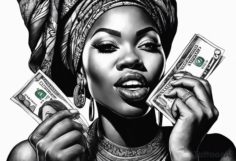 african woman biting money tattoo idea