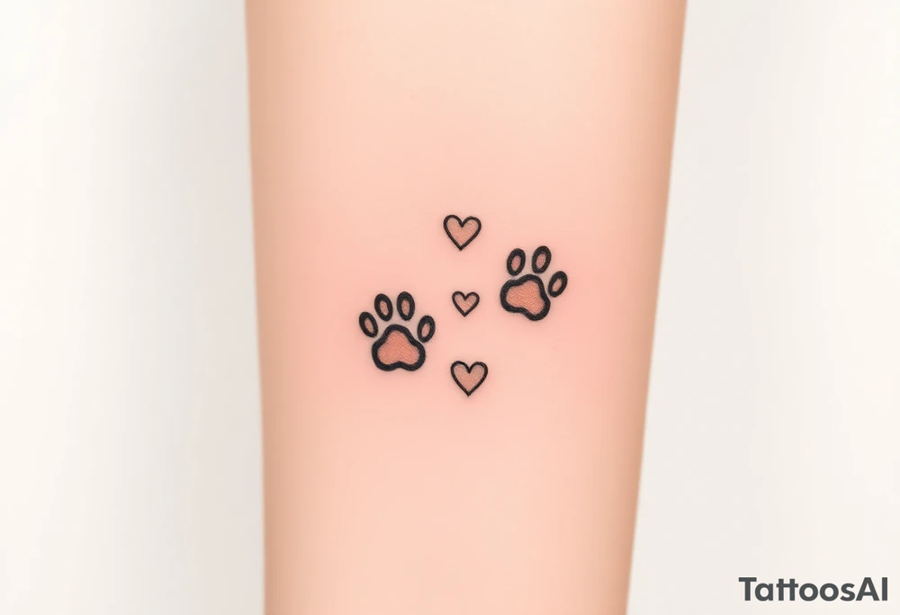 a path of cat paw prints sing natural tones of cream, gray, and light brown and hearts within tattoo idea