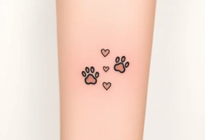 a path of cat paw prints sing natural tones of cream, gray, and light brown and hearts within tattoo idea