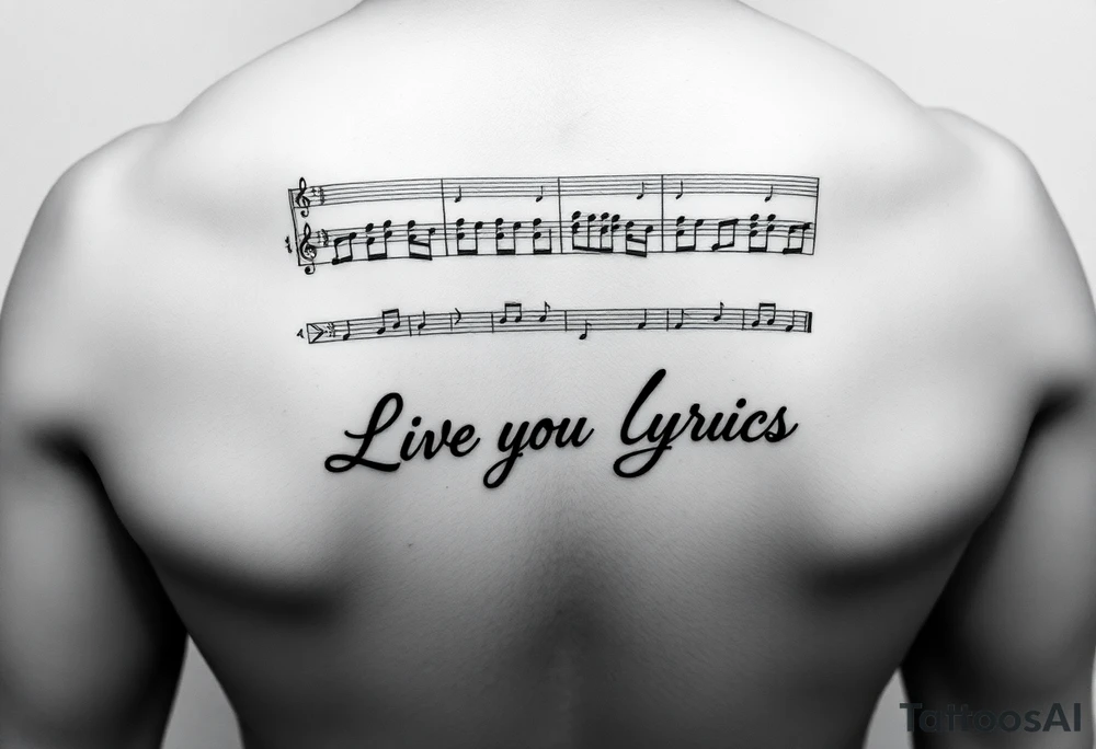 sheet music from the beginning of Santana's song  Samba Pa Ti with the phrase "Live Your Lyrics"  in Fancy cursive between the top and bottom Stave tattoo idea