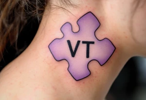 A puzzle piece in pastel purple with the daughter’s initials VT inside, symbolizing how she completes your heart. tattoo idea