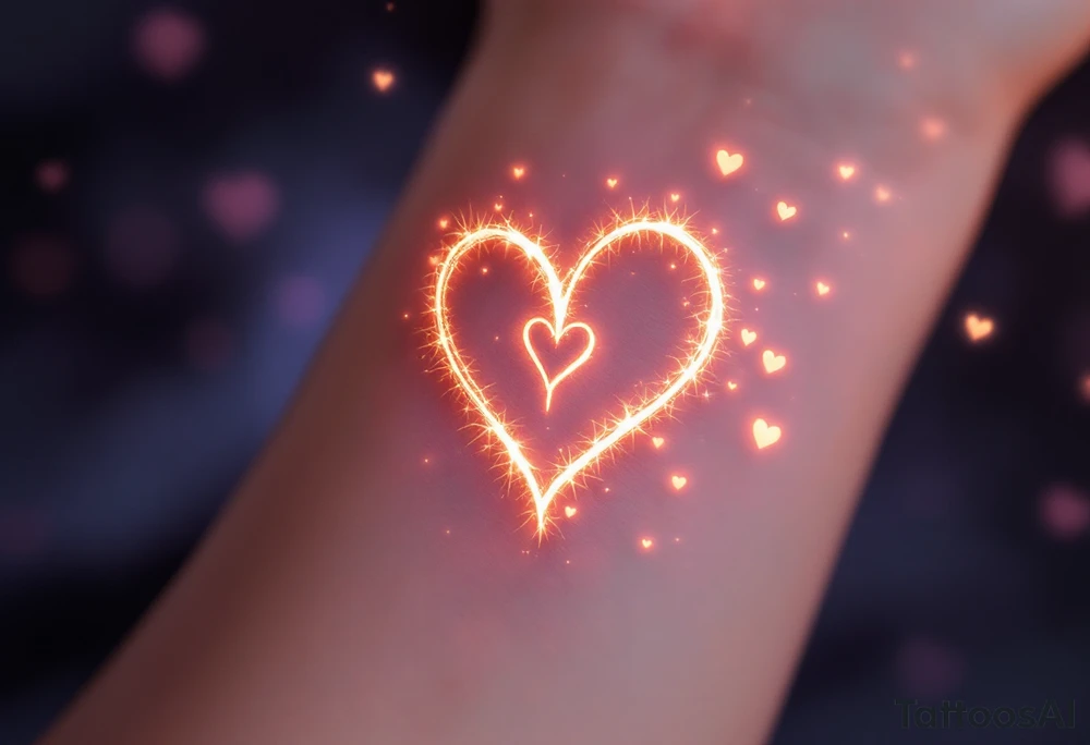 A symbol of rune of love in the shape of a heart, carved with clean, sharp edges. The design in golden light, and the background features a lavender glow. Tiny hearts float around the symbol, representing infinite devotion. tattoo idea