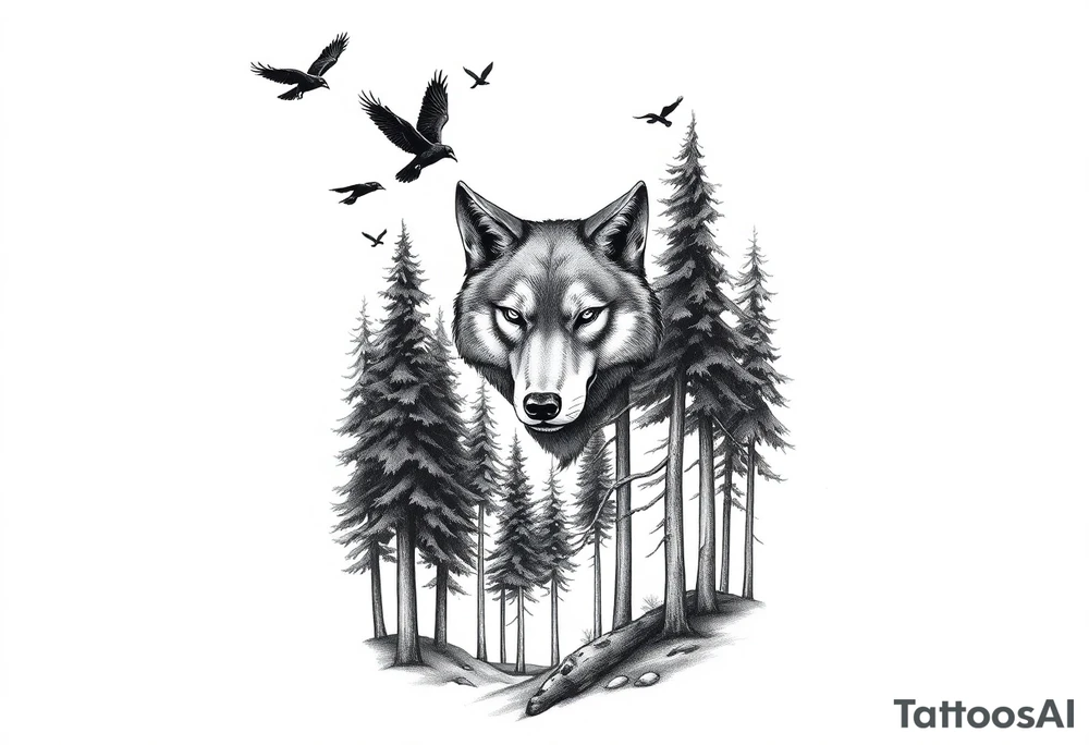 Densely wooded area with tall pine trees with a large wolf head hovering in the foreground looking straight forward, and four ravens flying overhead tattoo idea