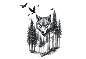 Densely wooded area with tall pine trees with a large wolf head hovering in the foreground looking straight forward, and four ravens flying overhead tattoo idea