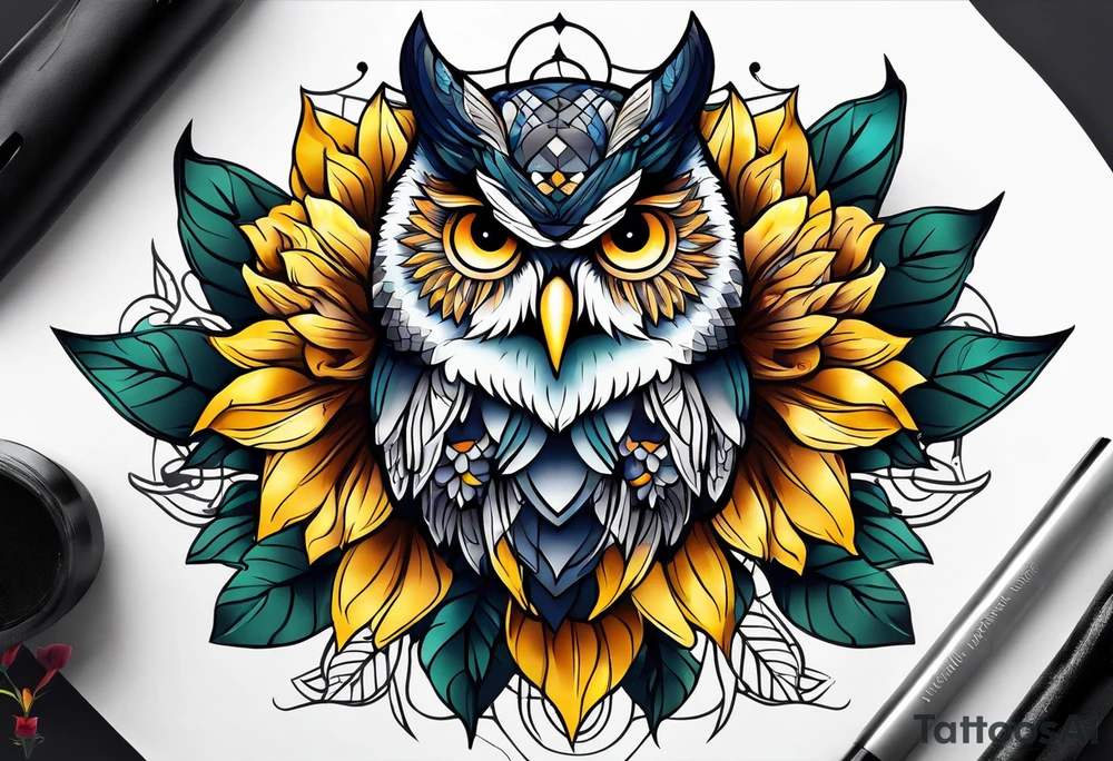 Owl and sunflower sleeve tattoo idea