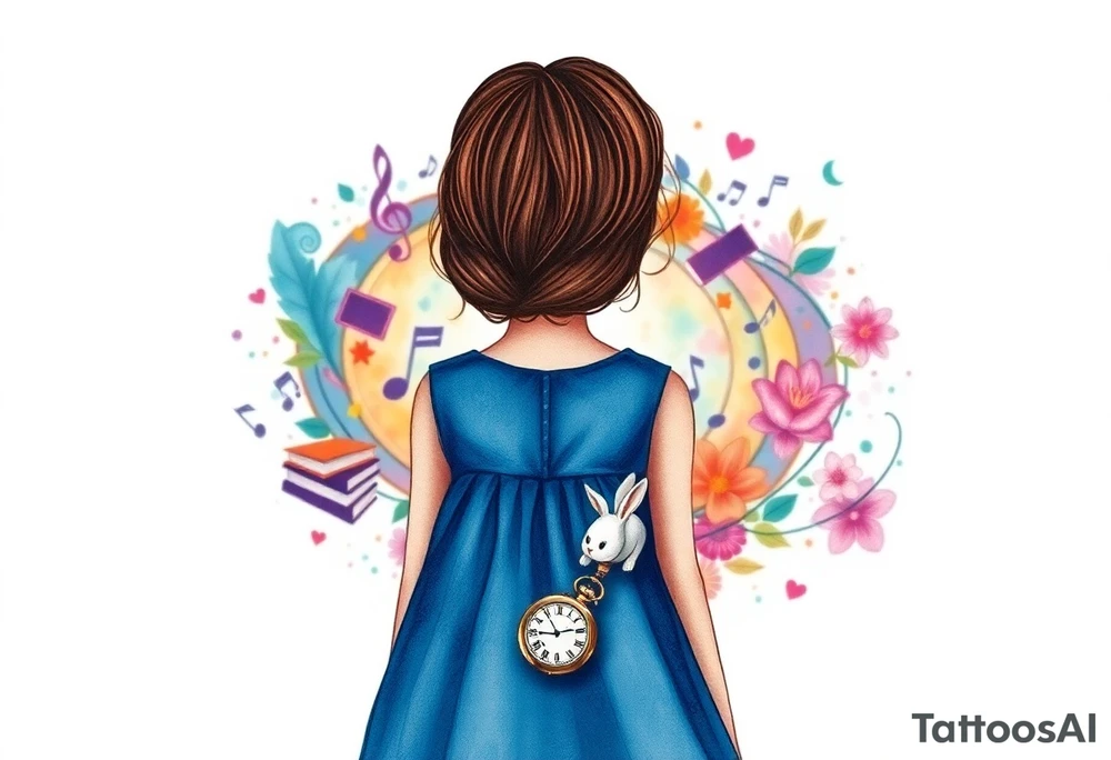 Back view of the silhouette of a brown hair girl in a blue dress. She is following a small white rabbit towards a magical colorful swirl of music notes, books, and flowers. A pocket watch is at the end of the swirl. tattoo idea