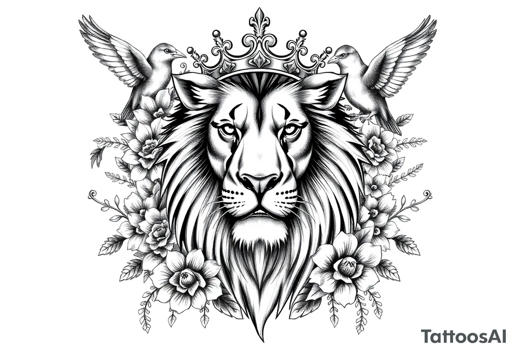 powerful majestic lion with a crown, surrounded by floral ornaments and birds tattoo idea