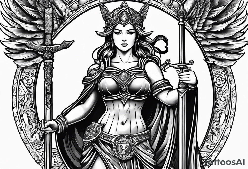 Nemesis, the goddess of justice, standing with sword and scale tattoo idea