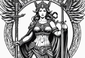 Nemesis, the goddess of justice, standing with sword and scale tattoo idea