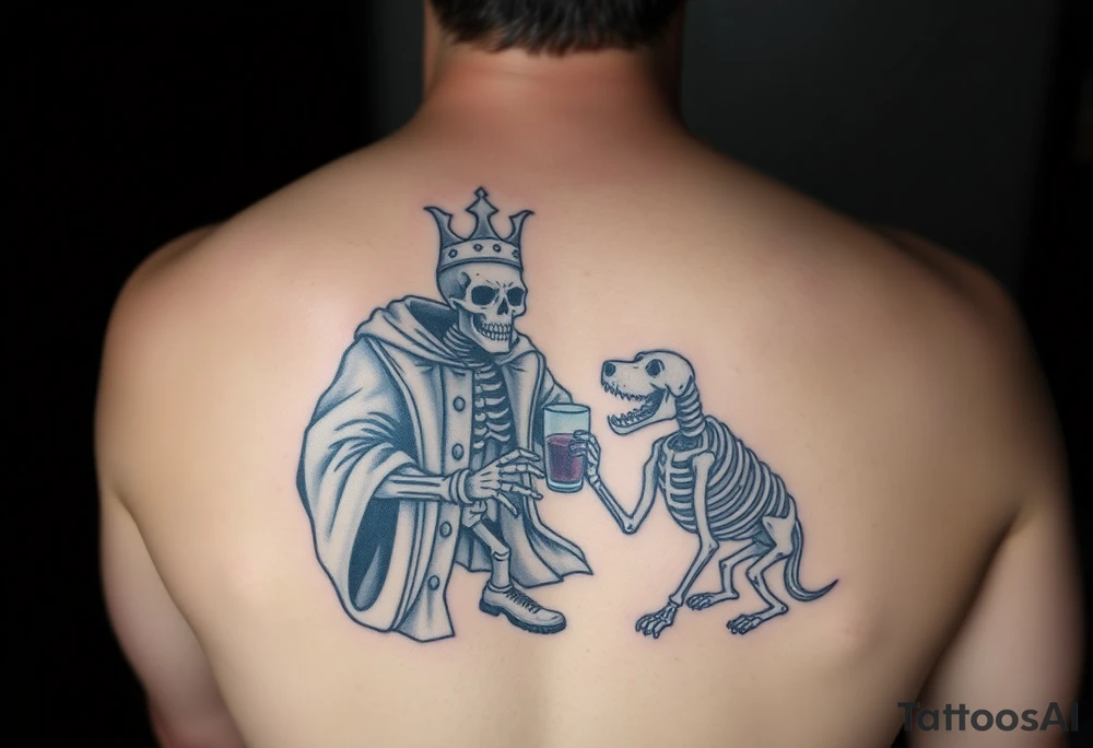 evil skeleton king in clothes having a good time getting drunk with skeleton dog tattoo idea