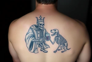evil skeleton king in clothes having a good time getting drunk with skeleton dog tattoo idea