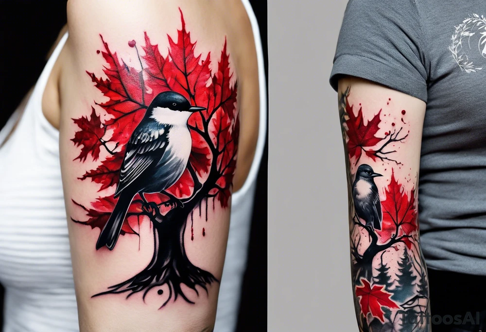 trash polka style. Arm tattoo. chest tattoo. Long tattoo. large tattoo. Full sleeve. Shoulder. A single large maple tree with red autumn leaves that branches upwards from wrist to shoulder. White-throated dipper bird on the trees branches. Calluna flowers at the base of the trees stem. Leaves falling. tattoo idea