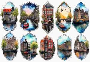 Watercolour style arm tattoo of Amsterdam houses and Amsterdam canal in space featuring wildlife, stag and pineapples tattoo idea