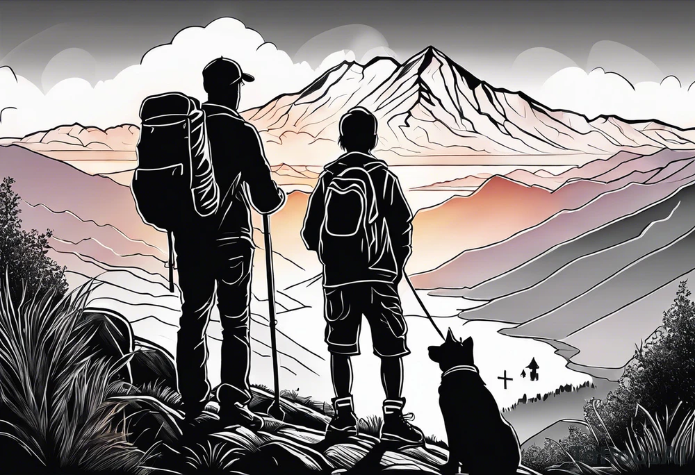 nature, sunset, mountains, a father and son hiking with their dog and cat and a cross tattoo idea