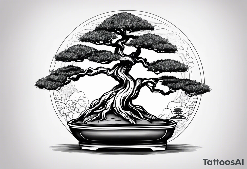 bonsai tree small with rising sun tattoo idea