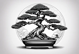bonsai tree small with rising sun tattoo idea