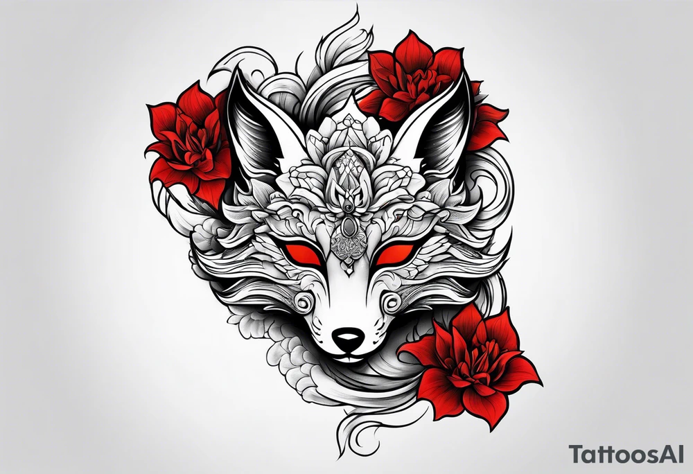mask , kitsune , red flowers tattoo idea