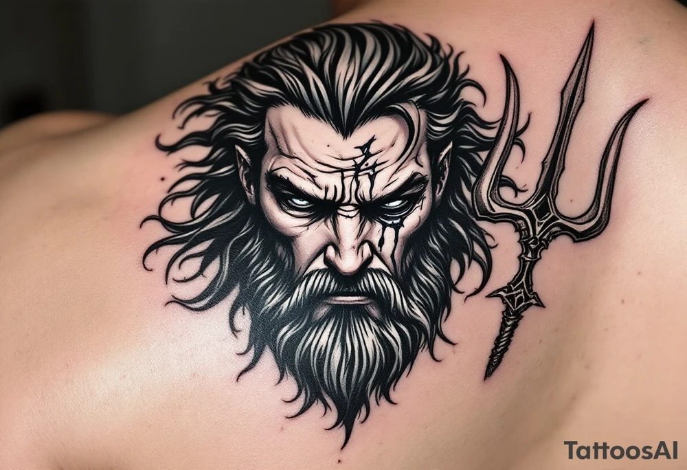 crying poseidon, behind a trident, looking at his nose tattoo idea