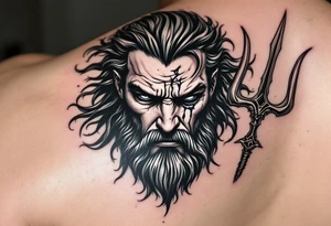 crying poseidon, behind a trident, looking at his nose tattoo idea