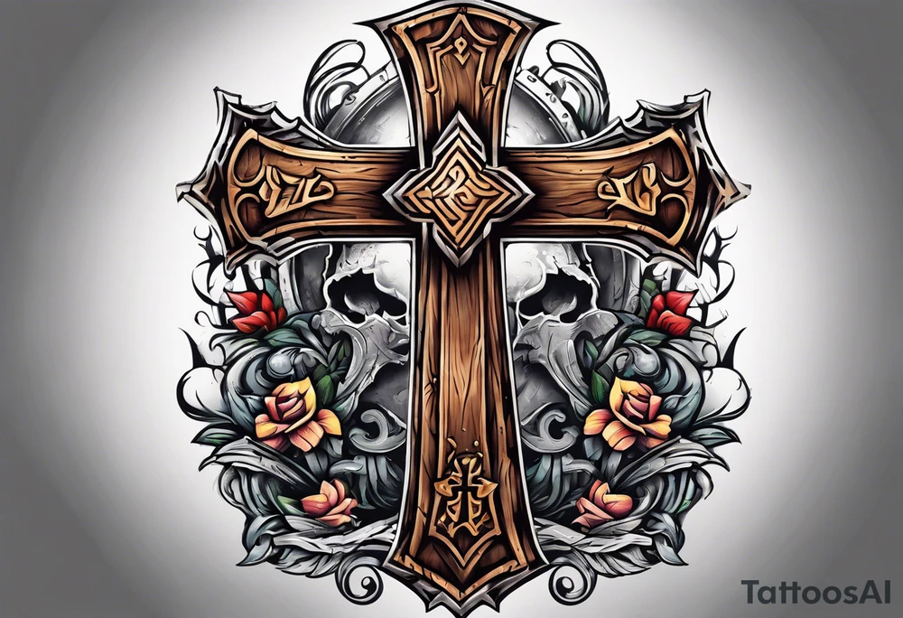 large wooden cross with a cross cut saw and double bitted axe crossed over it tattoo idea