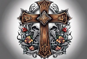 large wooden cross with a cross cut saw and double bitted axe crossed over it tattoo idea