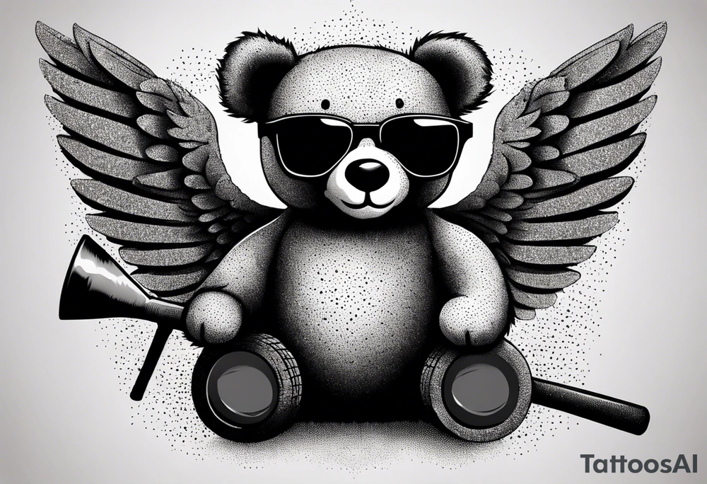 Teddy bear with wings wearing big sunglasses holding a sledgehammer tattoo idea