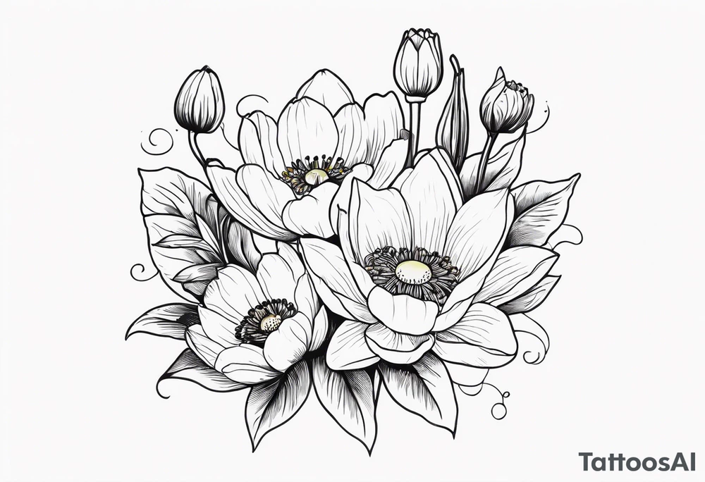 Poppy, water lily, Lily of the valley, daffodil, flower bouquet, portrait style tattoo idea