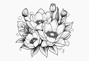 Poppy, water lily, Lily of the valley, daffodil, flower bouquet, portrait style tattoo idea