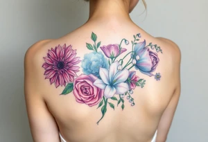 Bouquet of flowers with a aster, carnation, rose, Lily of the valley, larkspur with stems Starting upper middle back to right shoulder tattoo idea