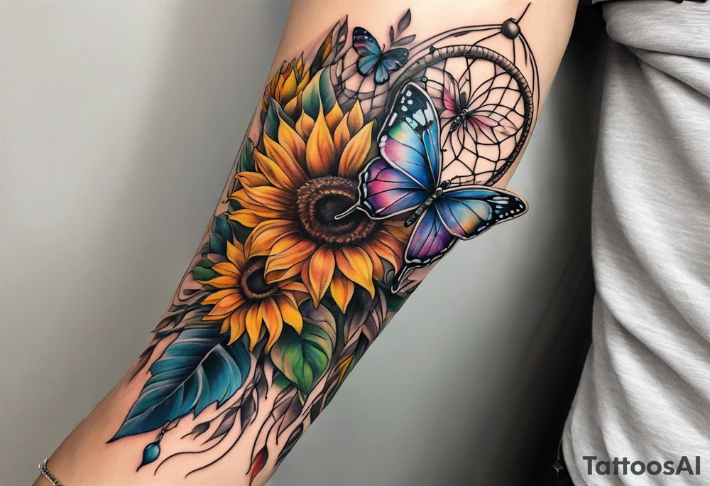 Quarter Leg sleeve with dreamcatcher, rainbow sunflowers and one butterfly tattoo idea