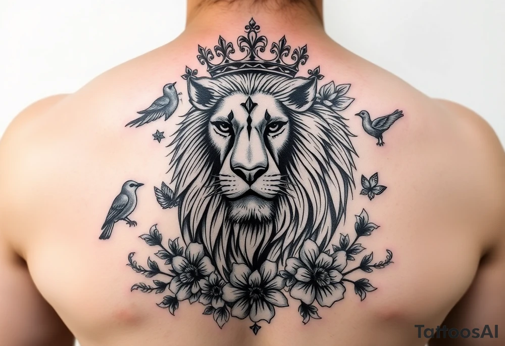 powerful majestic lion with a crown, surrounded by floral ornaments and birds tattoo idea