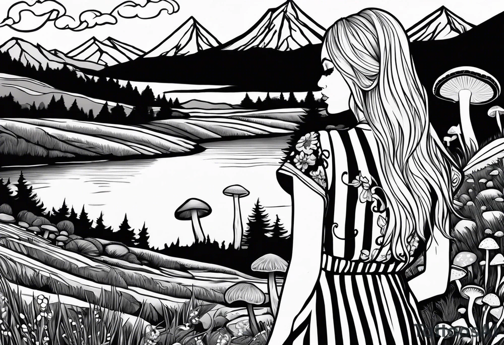 Straight long blonde hair hippie girl in distance holding mushrooms in hand facing away toward mountains and creek surrounded by mushrooms black and white striped dress tattoo idea