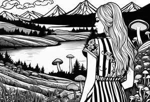 Straight long blonde hair hippie girl in distance holding mushrooms in hand facing away toward mountains and creek surrounded by mushrooms black and white striped dress tattoo idea