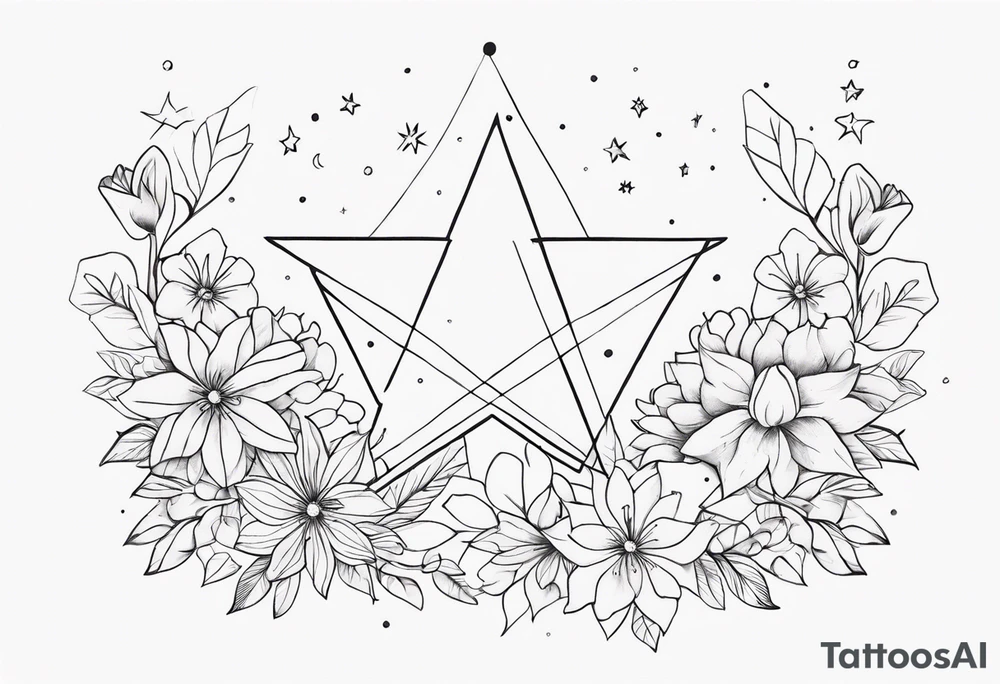fine line with stars, floral, dots tattoo idea